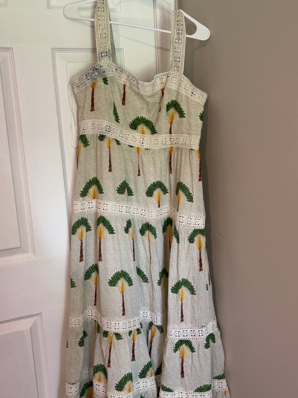 Calypso St Barth Palm Tree Tiered Smocked back lace Trim Size Large summer dress
